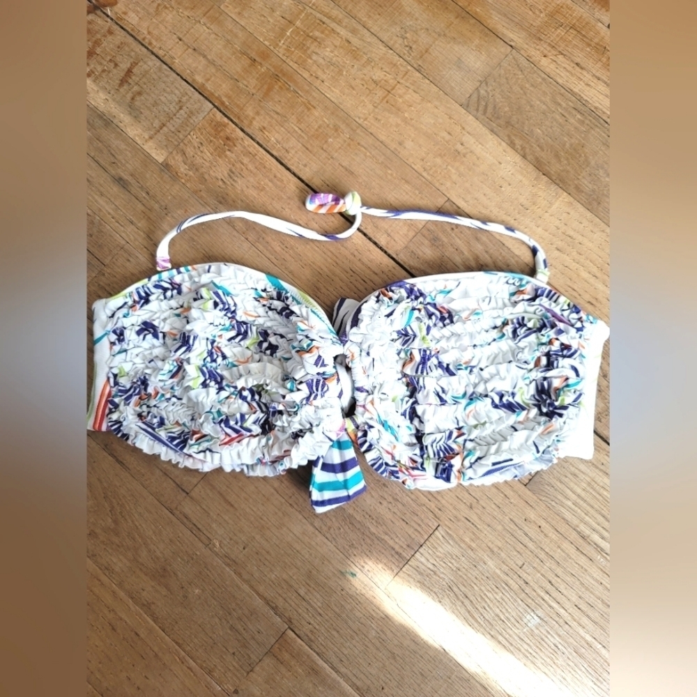 BCBGMAXAZRIA, Bandeau‎ Bikini Top, Colorful Palm Print and White, Size Medium